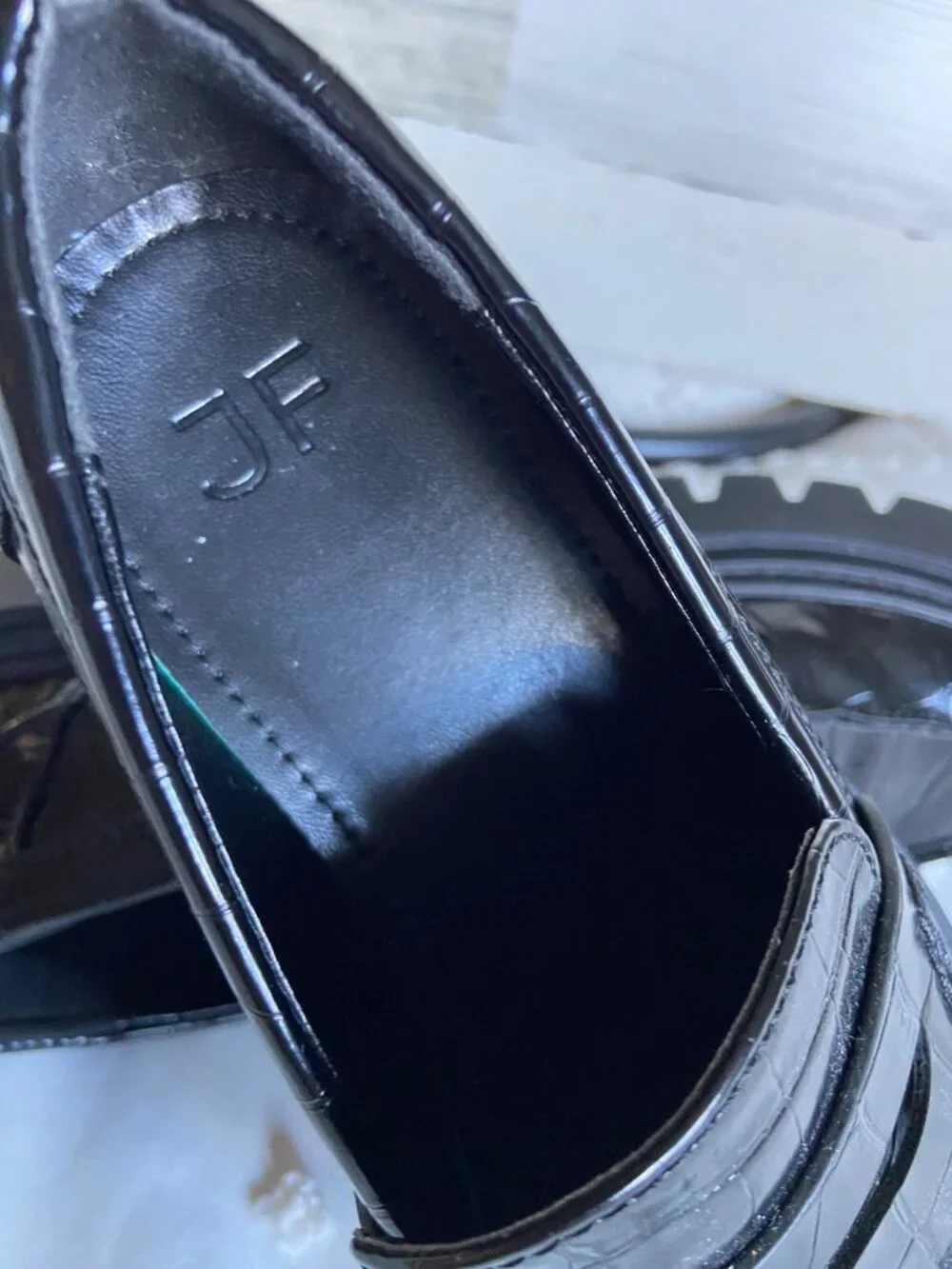 JF Black Croc Embossed Platform Loafers Women's Size 6 Chunky Lug Sole